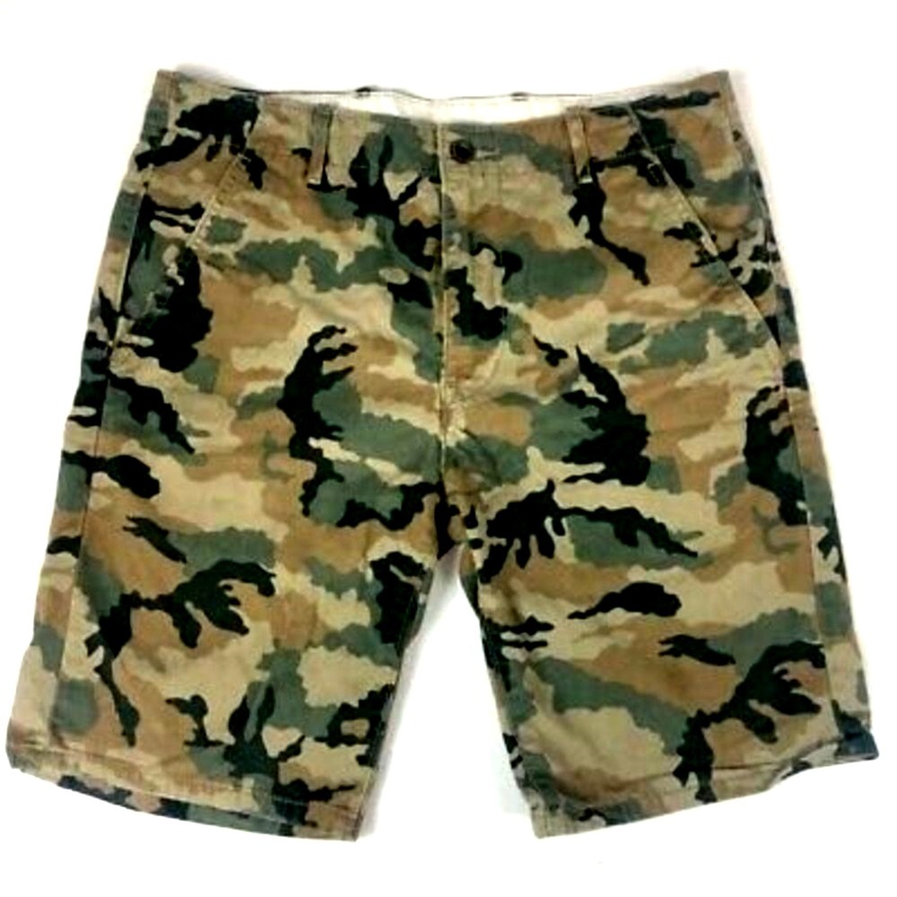 Levis Mens White Tab Shorts Green Brown Camouflage Flat Front Slash Pockets 32
